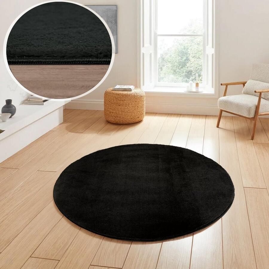 Flycarpets Rond Malaga Wasbaar Vloerkleed Zwart 120x120 cm
