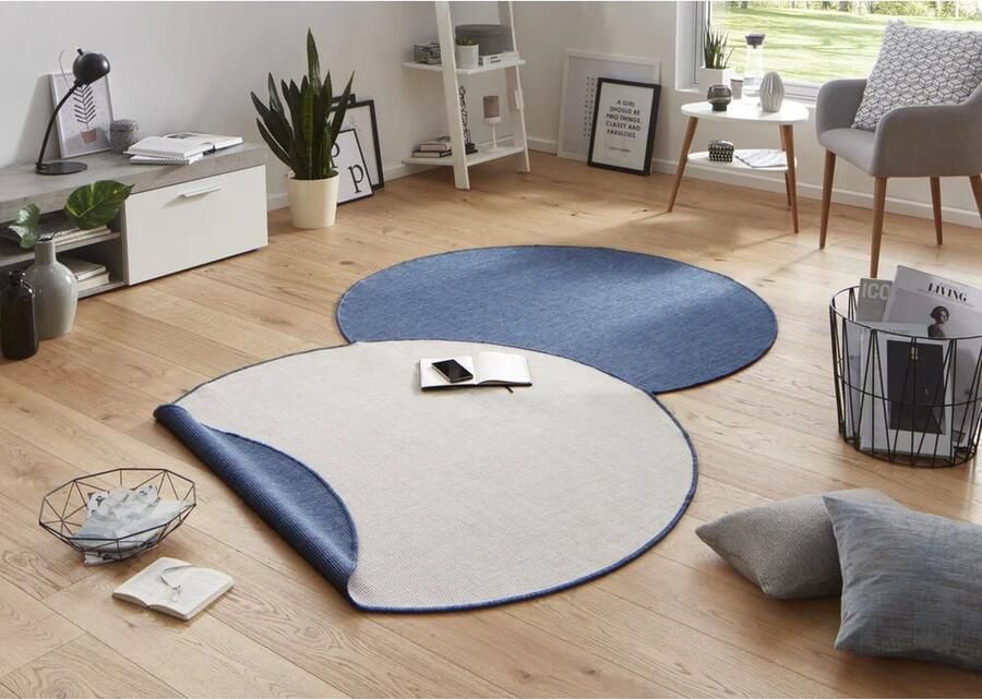 Flycarpets Rond Omkeerbaar Vloerkleed Binnen & Buitenkleed Miami- Blauw Creme 140x140 cm