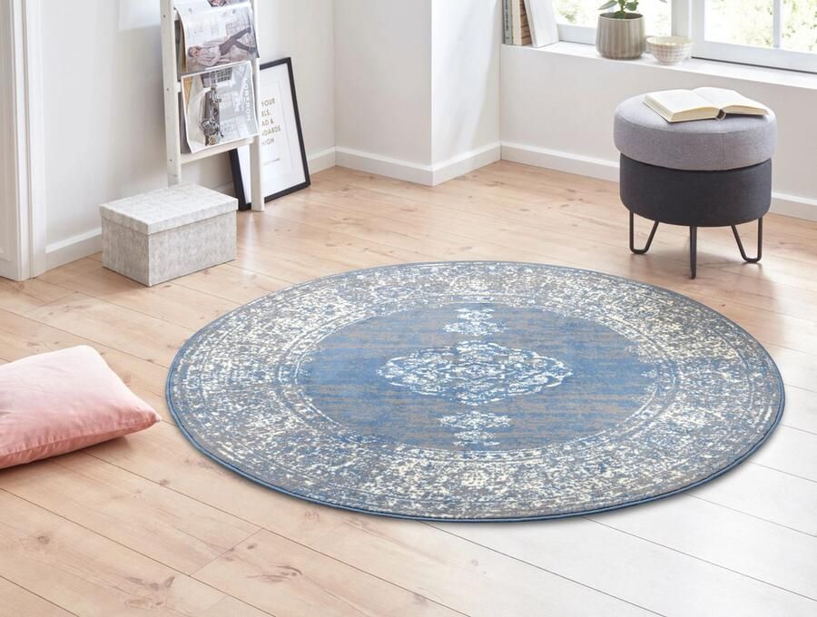 Flycarpets Rond Vintage Laagpolig Vloerkleed Gloria Sky Blauw 160 cm