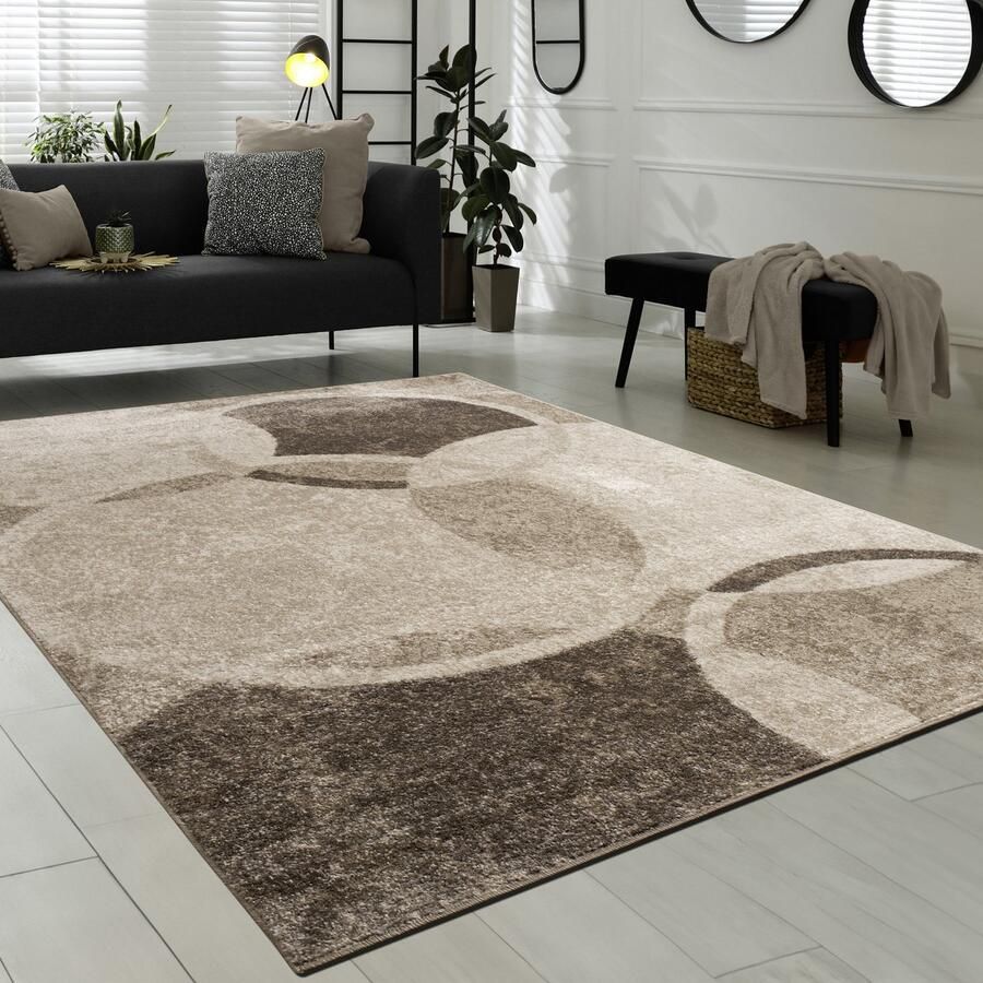 Flycarpets Sinovo Modern Vloerkleed Beige Bruin Laagpolig Tapijt Woonkamer 160x220 cm