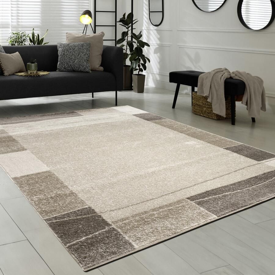 Flycarpets Sinovo Modern Vloerkleed Beige Bruin Laagpolig Tapijt Loper Gang Keuken 80x150 cm
