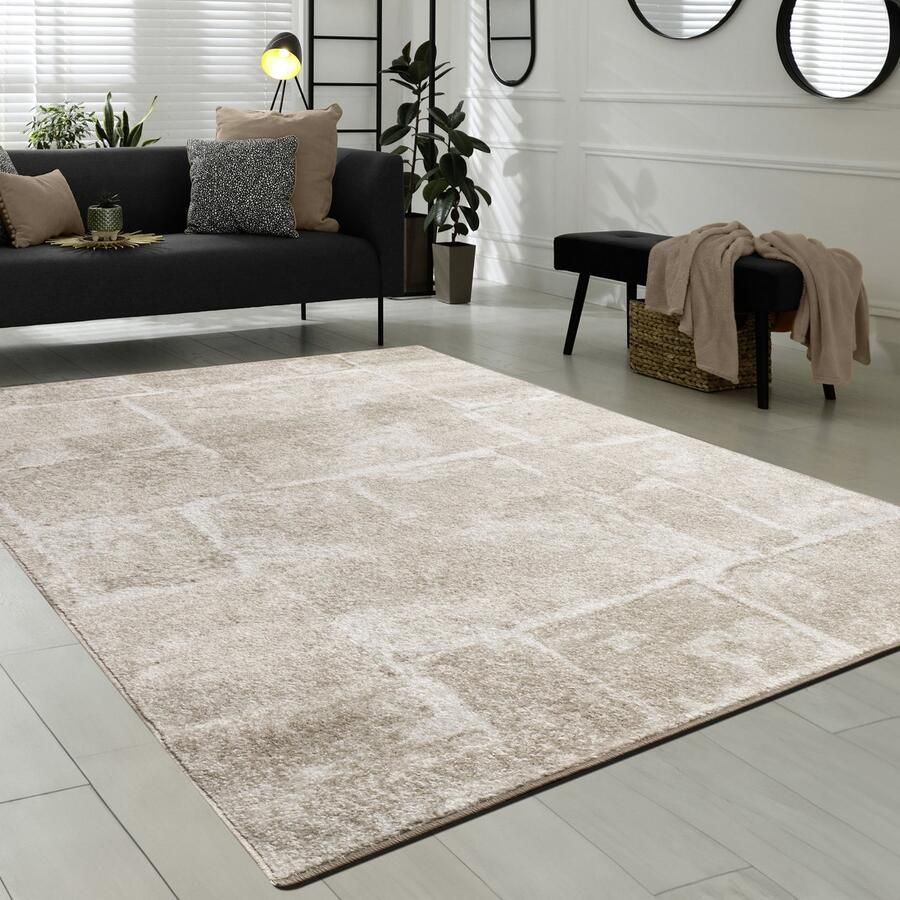 Flycarpets Sinovo Modern Vloerkleed Beige Laagpolig Tapijt Woonkamer 160x220 cm