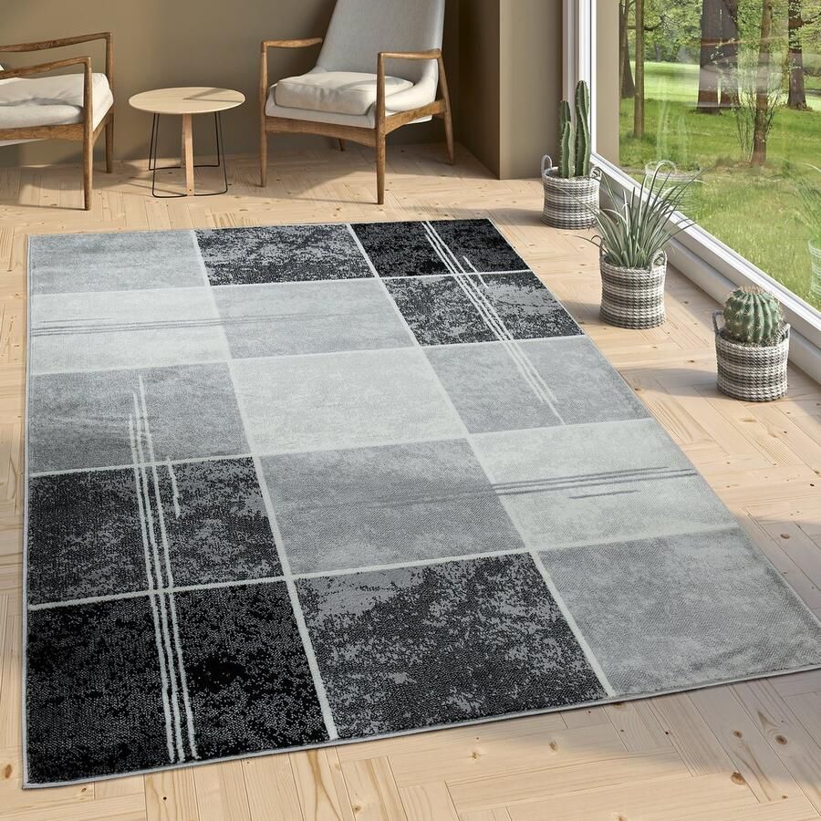Flycarpets Sinovo Modern Vloerkleed Blokken Grijs Laagpolig Tapijt Loper 80x150 cm