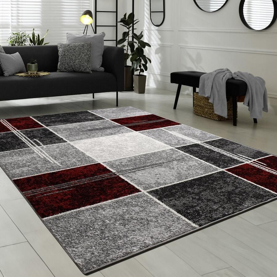 Flycarpets Sinovo Modern Vloerkleed Geblokt Rood Grijs Laagpolig Tapijt Woonkamer 120x170 cm