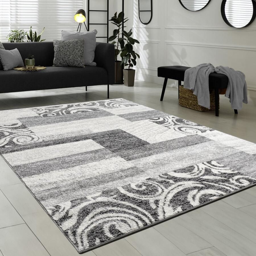 Flycarpets Sinovo Modern Vloerkleed Grijs Creme Laagpolig Tapijt Loper 80x150 cm