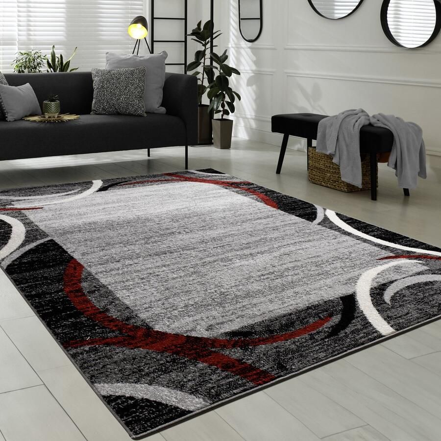 Flycarpets Sinovo Modern Vloerkleed Grijs Rood Laagpolig Tapijt Woonkamer 160x220 cm