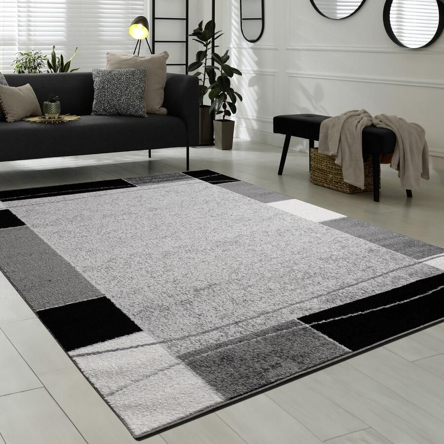 Flycarpets Sinovo Modern Vloerkleed Lijstmotief Grijs Zwart Laagpolig Tapijt Loper 80x150 cm