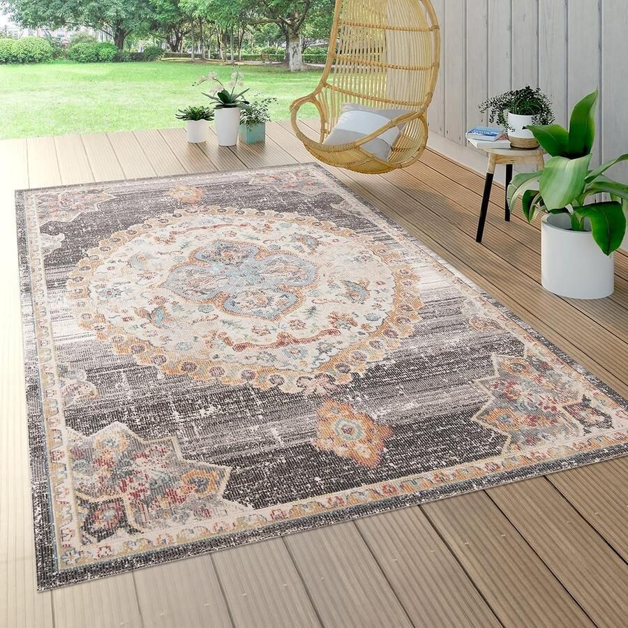 Flycarpets Torana Vintage Binnen- en Buitenkleed Grijs Kleurrijk 140x200 cm Laagpolig Tuintapijt Tuinkleed