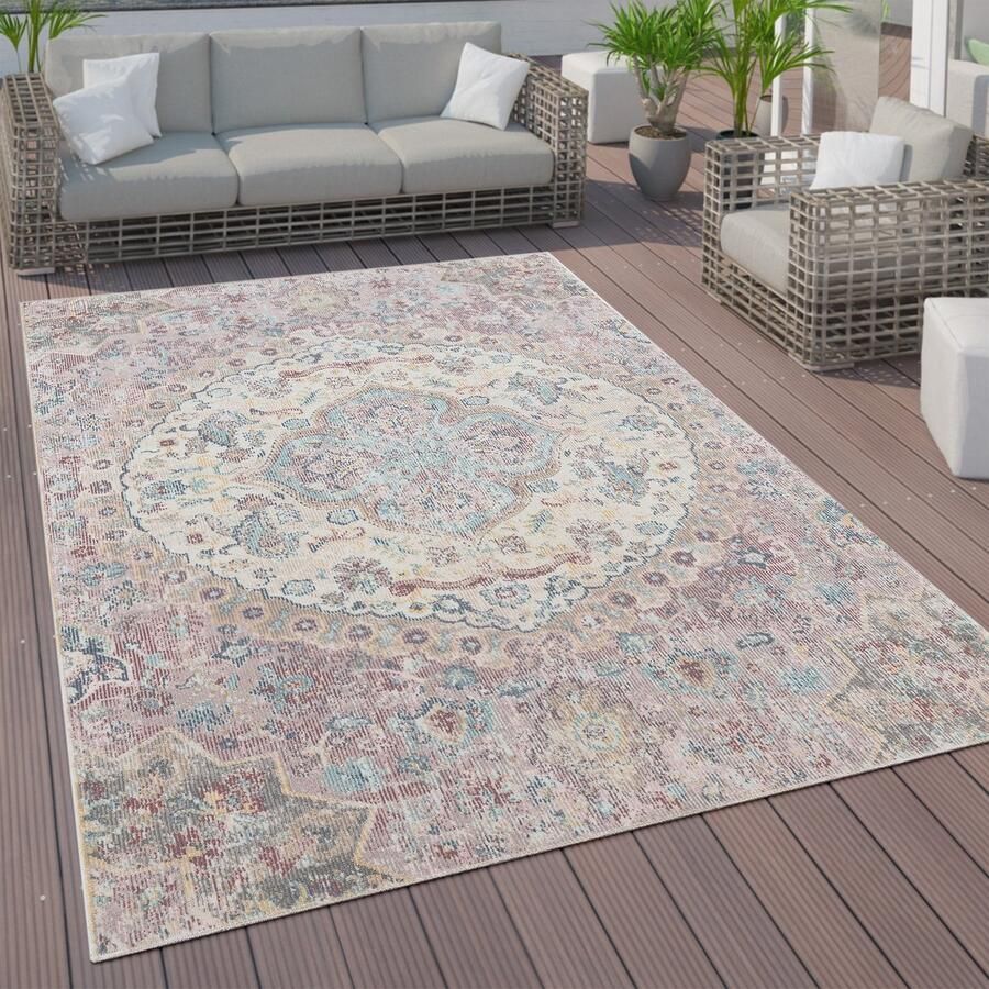 Flycarpets Torana Vintage Binnen- en Buitenkleed Kleurrijk Roze 140x200 cm Laagpolig Tuintapijt Tuinkleed