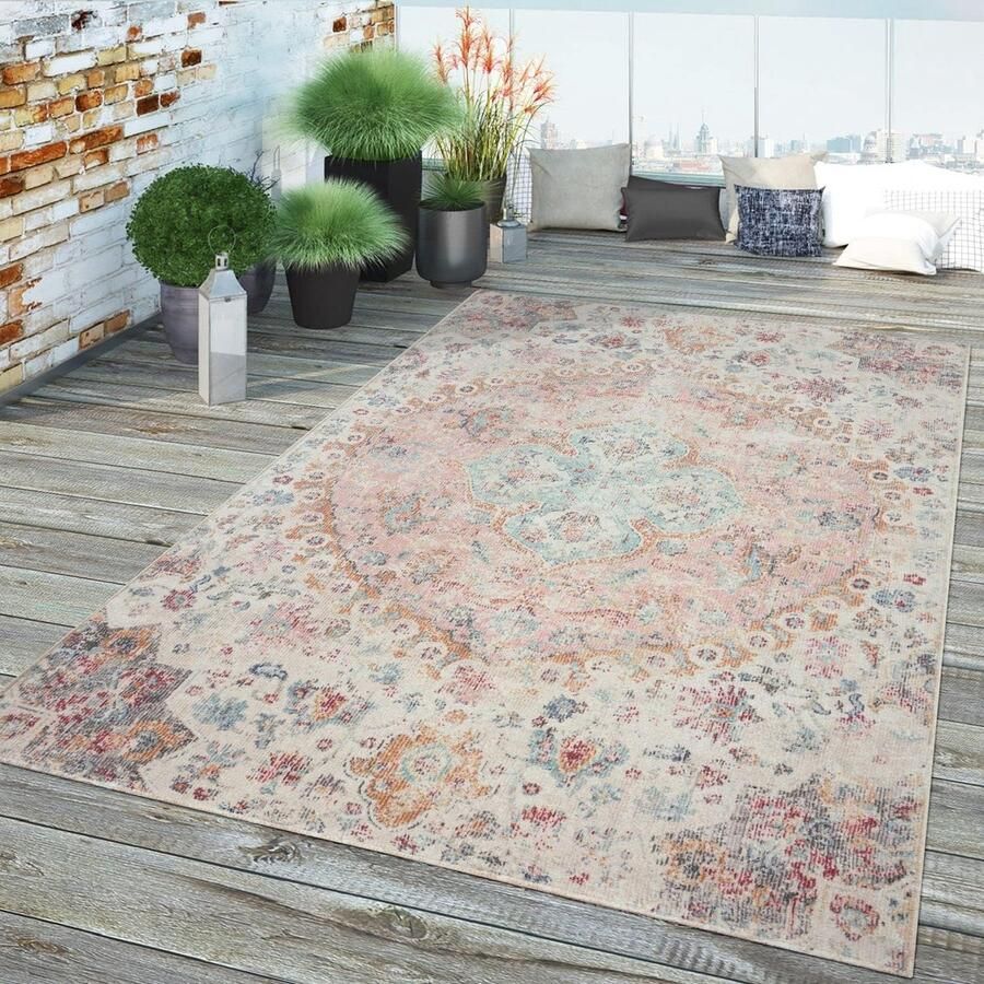 Flycarpets Torana Vintage Binnen- en Buitenkleed Roze Kleurrijk 80x150 cm Laagpolig Tuintapijt Tuinkleed