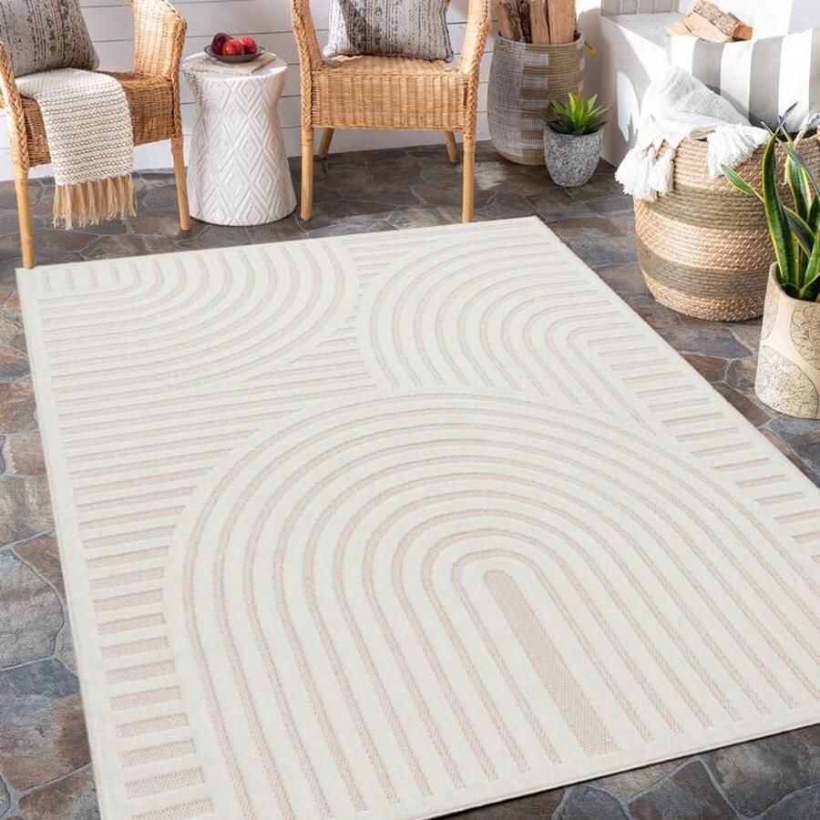 Flycarpets Toscana Japandi Binnen- en Buitenkleed Creme Vloerkleed Buiten Laagpolig Tuinkleed Tuintapijt Buitentapijt 120x160 cm