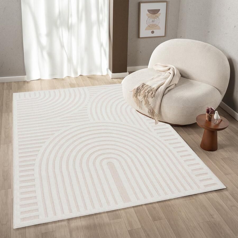 Flycarpets Toscana Japandi Binnen- en Buitenkleed Creme Vloerkleed Buiten Laagpolig Tuinkleed Tuintapijt Buitentapijt 160x220 cm
