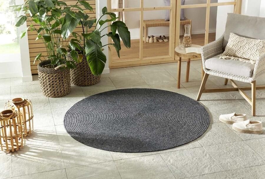 Flycarpets Trenzado Rond Binnen- en buitenkleed Donkergrijs Jute Look Vloerkleed Buiten Tuintapijt Laagpolig 200 cm