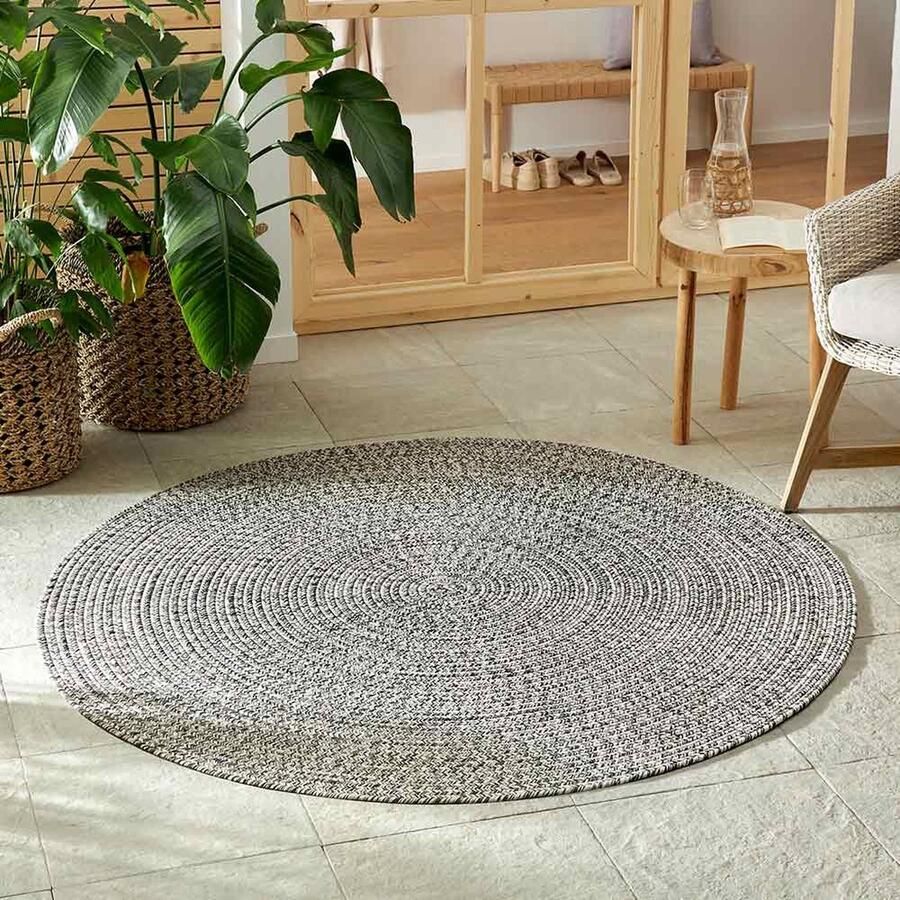 Flycarpets Trenzado Rond Binnen- en buitenkleed Gemeleerd Jute Look Vloerkleed Buiten Tuintapijt Laagpolig 200 cm