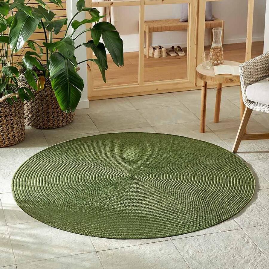 Flycarpets Trenzado Rond Binnen- en buitenkleed Groen Jute Look Vloerkleed Buiten Tuintapijt Laagpolig 150 cm