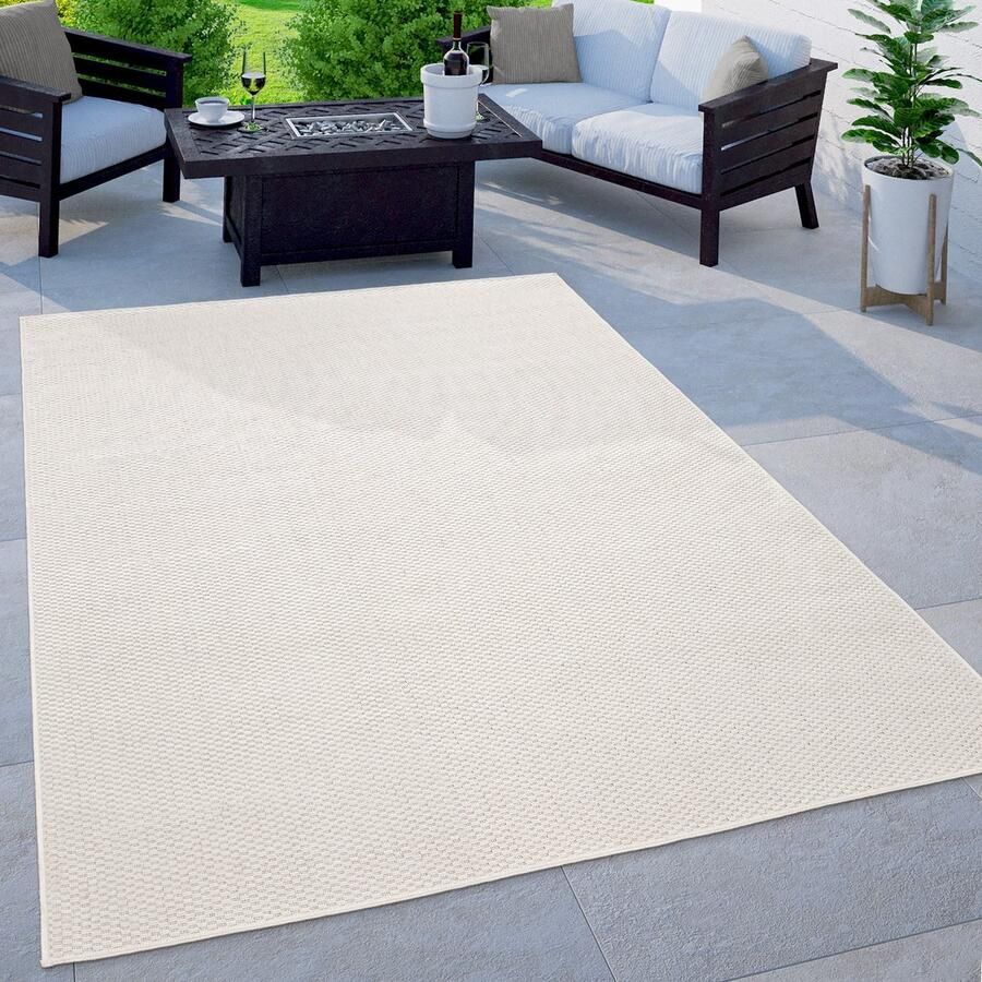 Flycarpets Veniro Effen Binnen en Buitenkleed Crème Wit 80cm rond Laagpolig Vloerkleed Buiten Tuinkleed Tuintapijt