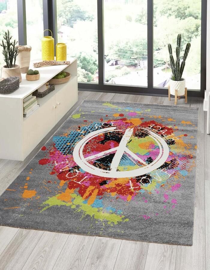 Flycarpets Vistoso Peace Vloerkleed Grijs Kleurrijk 160x230 cm Laagpolig Tapijt Woonkamer