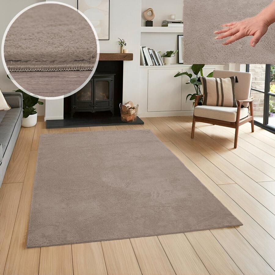Flycarpets Malaga Laagpolig Vloerkleed Taupe Wasbaar Tapijt Woonkamer 140x200 cm