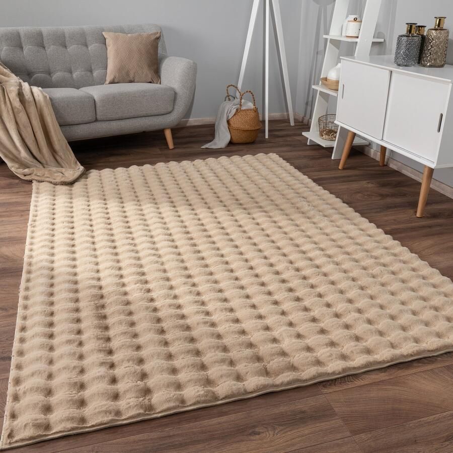 Flycarpets Zacht fluffy vloerkleed Arinzo Bolletjes Beige 200x280 cm Hoogpolig Tapijt Woonkamer Slaapkamer Kinderkamer