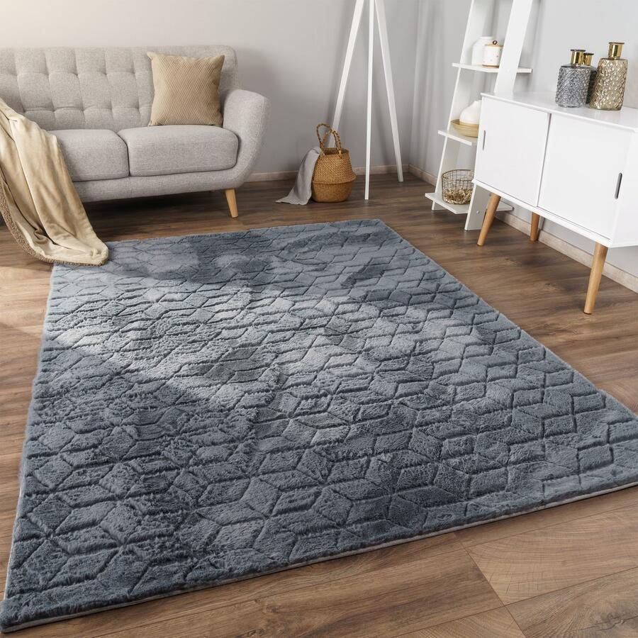 Flycarpets Zacht fluffy vloerkleed Arinzo Geo Antraciet 160x220 cm Hoogpolig Tapijt Woonkamer Slaapkamer Kinderkamer