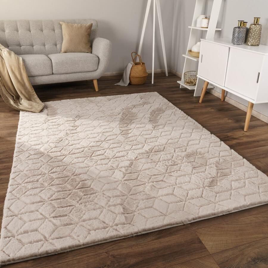 Flycarpets Zacht fluffy vloerkleed Arinzo Geo Beige 120x160 cm Hoogpolig Tapijt Woonkamer Slaapkamer Kinderkamer