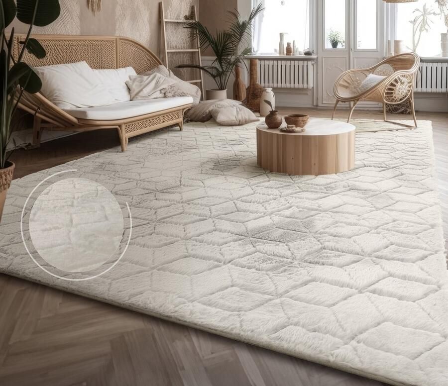 Flycarpets Zacht fluffy vloerkleed Arinzo Geo Crème 120x160 cm Hoogpolig Tapijt Woonkamer Slaapkamer Kinderkamer