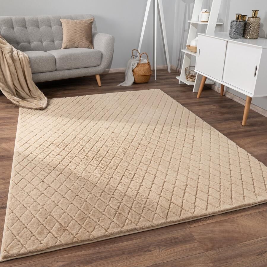 Flycarpets Zacht fluffy vloerkleed Arinzo Geruit Beige 160x220 cm Hoogpolig Tapijt Woonkamer Slaapkamer Kinderkamer