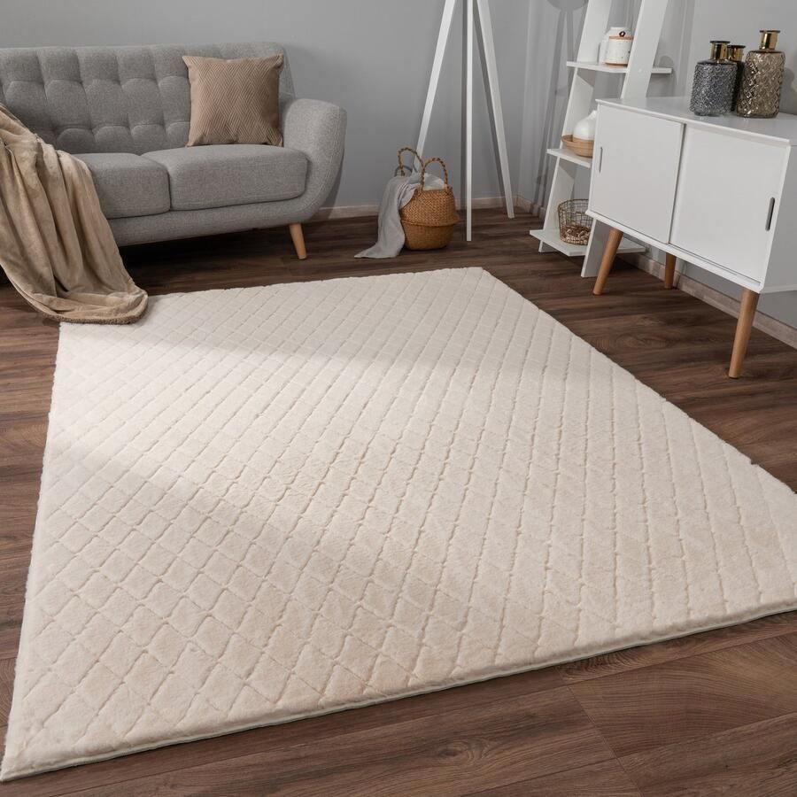 Flycarpets Zacht fluffy vloerkleed Arinzo Geruit Crème 160x220 cm Hoogpolig Tapijt Woonkamer Slaapkamer Kinderkamer