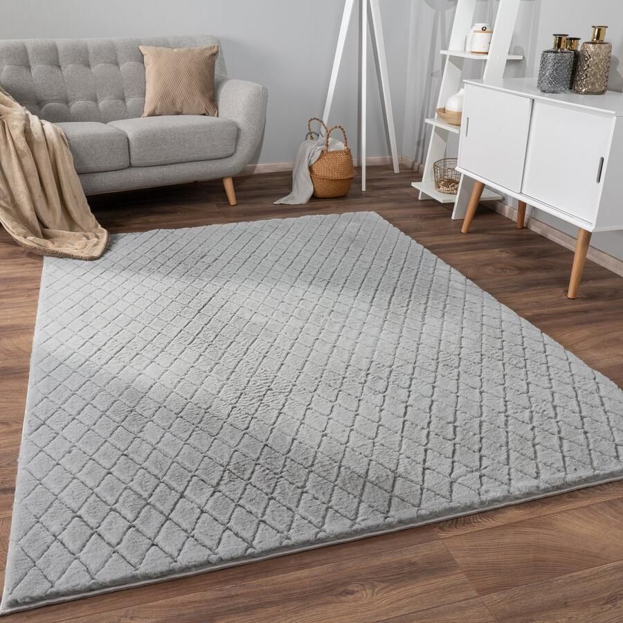 Flycarpets Zacht fluffy vloerkleed Arinzo Geruit Grijs 160x220 cm Hoogpolig Tapijt Woonkamer Slaapkamer Kinderkamer