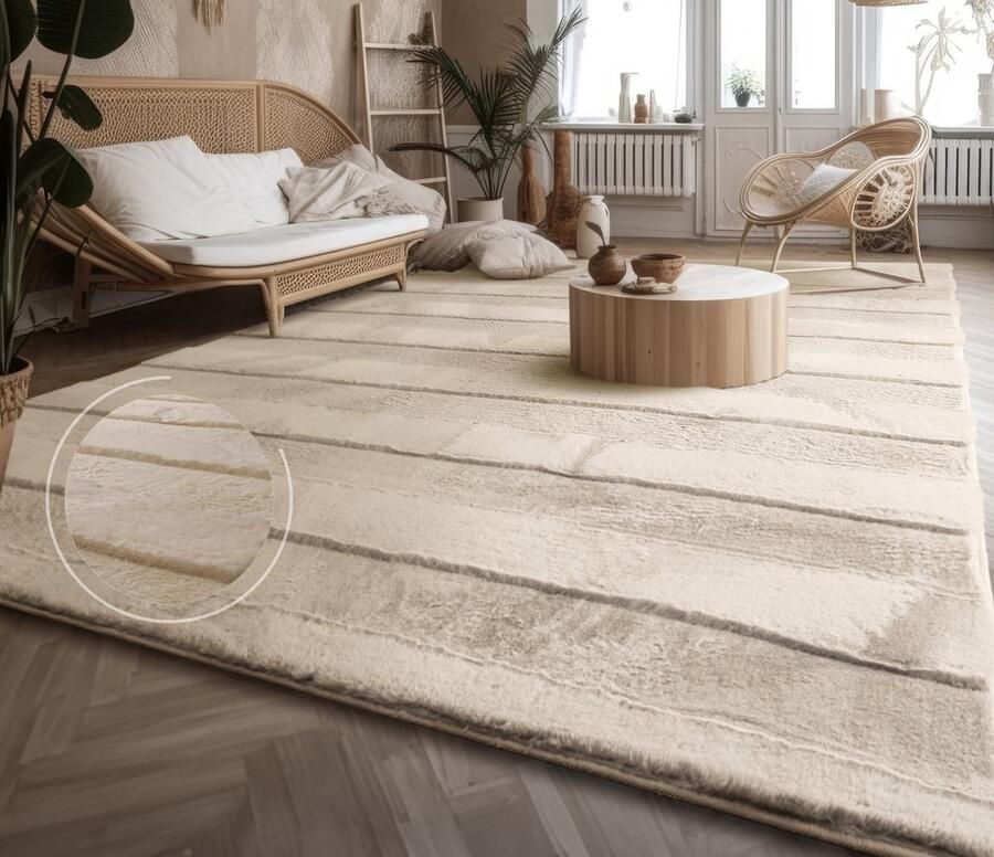 Flycarpets Zacht fluffy vloerkleed Arinzo Strepen Crème 60x100 cm Hoogpolig Tapijt Gang Slaapkamer Kinderkamer