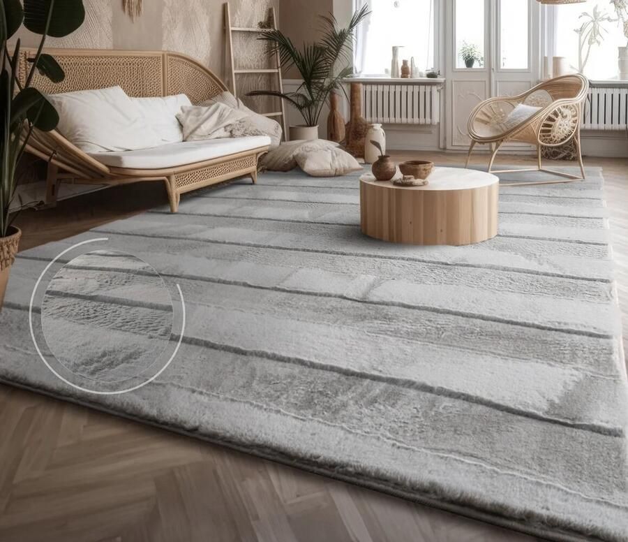 Flycarpets Zacht fluffy vloerkleed Arinzo Strepen Grijs 60x100 cm Hoogpolig Tapijt Gang Slaapkamer Kinderkamer