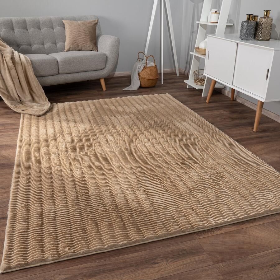 Flycarpets Zacht fluffy vloerkleed Arinzo Stripes Beige 160x220 cm Hoogpolig Tapijt Woonkamer Slaapkamer Kinderkamer