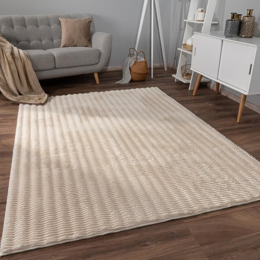 Flycarpets Zacht fluffy vloerkleed Arinzo Stripes Crème 160x220 cm Hoogpolig Tapijt Woonkamer Slaapkamer Kinderkamer