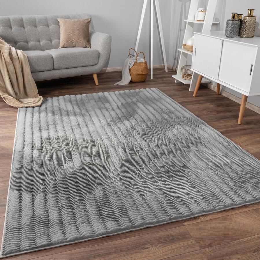 Flycarpets Zacht fluffy vloerkleed Arinzo Stripes Grijs 160x220 cm Hoogpolig Tapijt Woonkamer Slaapkamer Kinderkamer