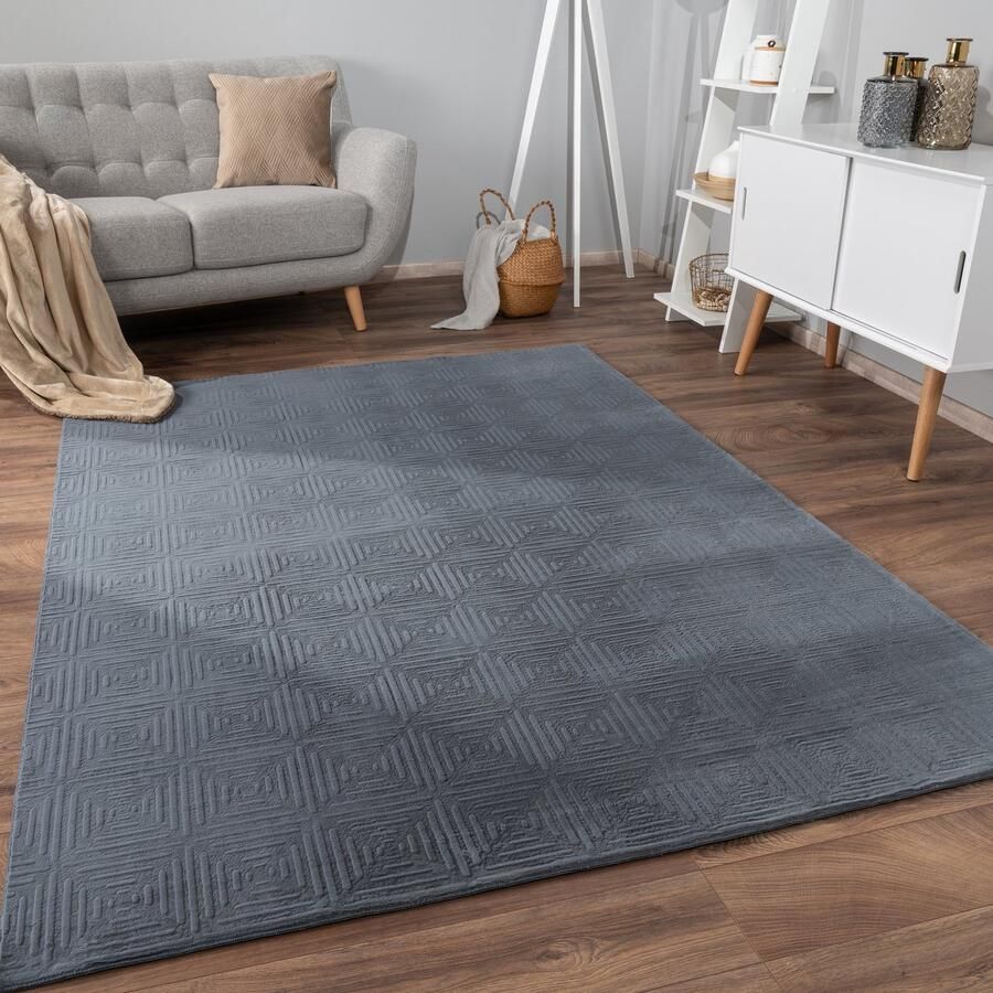 Flycarpets Zacht fluffy vloerkleed Lely Geblokt Antraciet 120x160 cm Laagpolig Tapijt Woonkamer Slaapkamer Kinderkamer