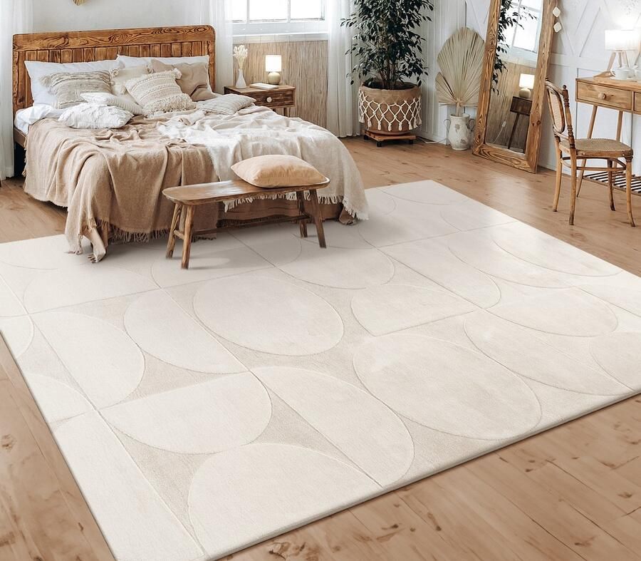 Flycarpets Zacht fluffy vloerkleed Lely Modern Crème 120x160 cm Laagpolig Tapijt Woonkamer Slaapkamer Kinderkamer
