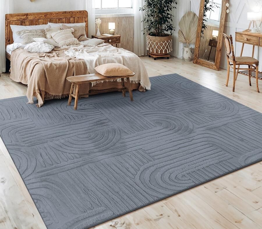 Flycarpets Zacht fluffy vloerkleed Lely Japandi Antraciet 200x280 cm Laagpolig Tapijt Woonkamer Slaapkamer Kinderkamer