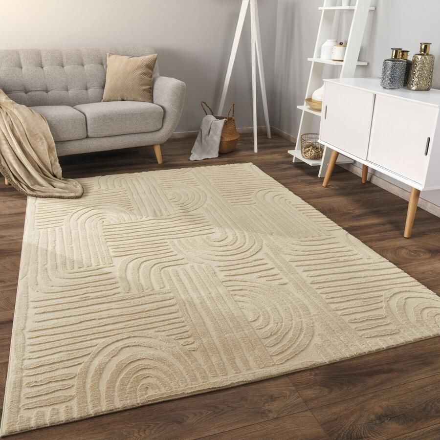 Flycarpets Zacht Japandi vloerkleed Lely Fluffy Beige 120x160 cm Laagpolig Tapijt Woonkamer Slaapkamer Kinderkamer