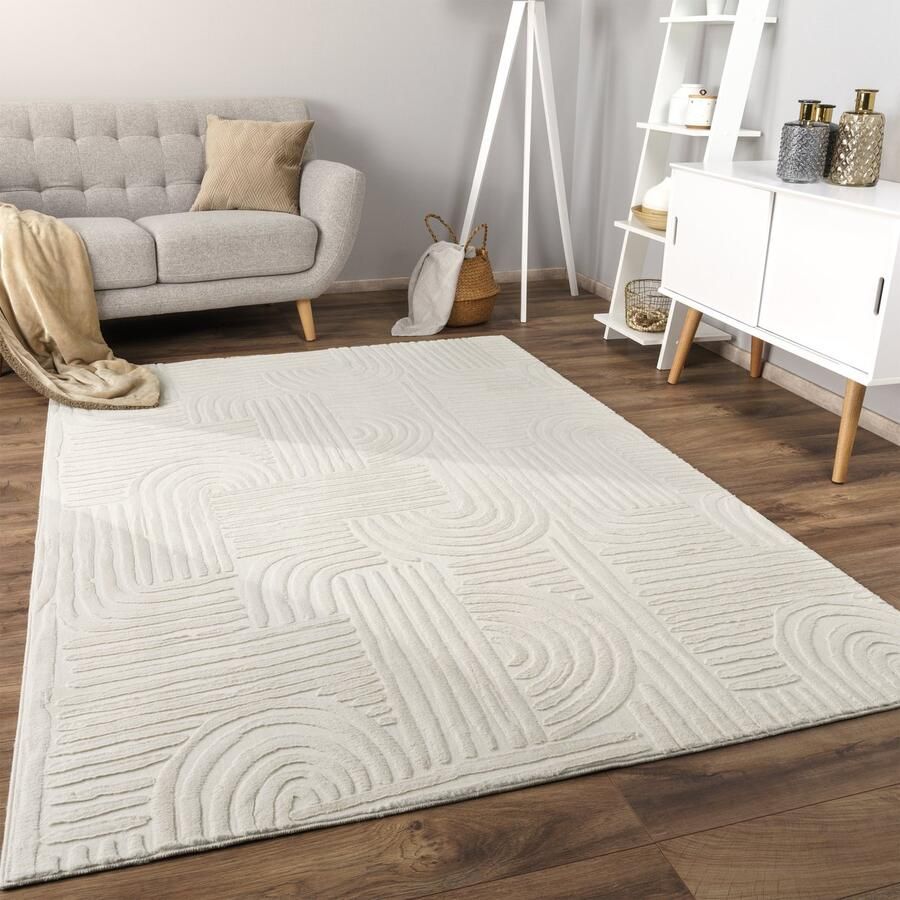 Flycarpets Zacht fluffy vloerkleed Lely Japandi Crème 120x160 cm Laagpolig Tapijt Woonkamer Slaapkamer Kinderkamer