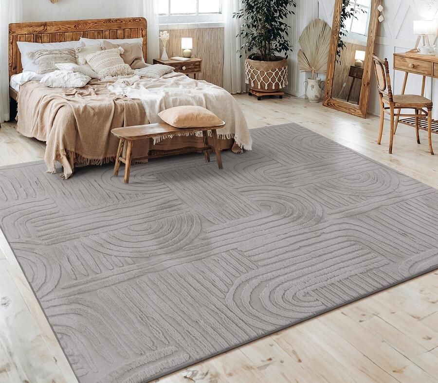 Flycarpets Zacht Japandi vloerkleed Lely Fluffy Grijs 200x280 cm Laagpolig Tapijt Woonkamer Slaapkamer Kinderkamer