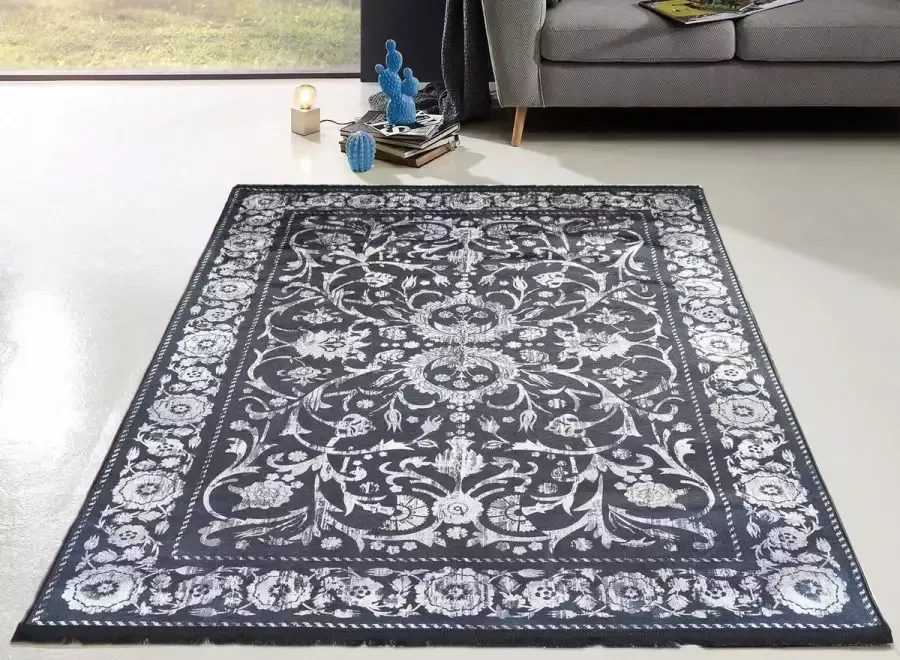 Flycarpets Hana Wasbaar Vintage Vloerkleed Antraciet Laagpolig Tapijt Woonkamer 200x290 cm