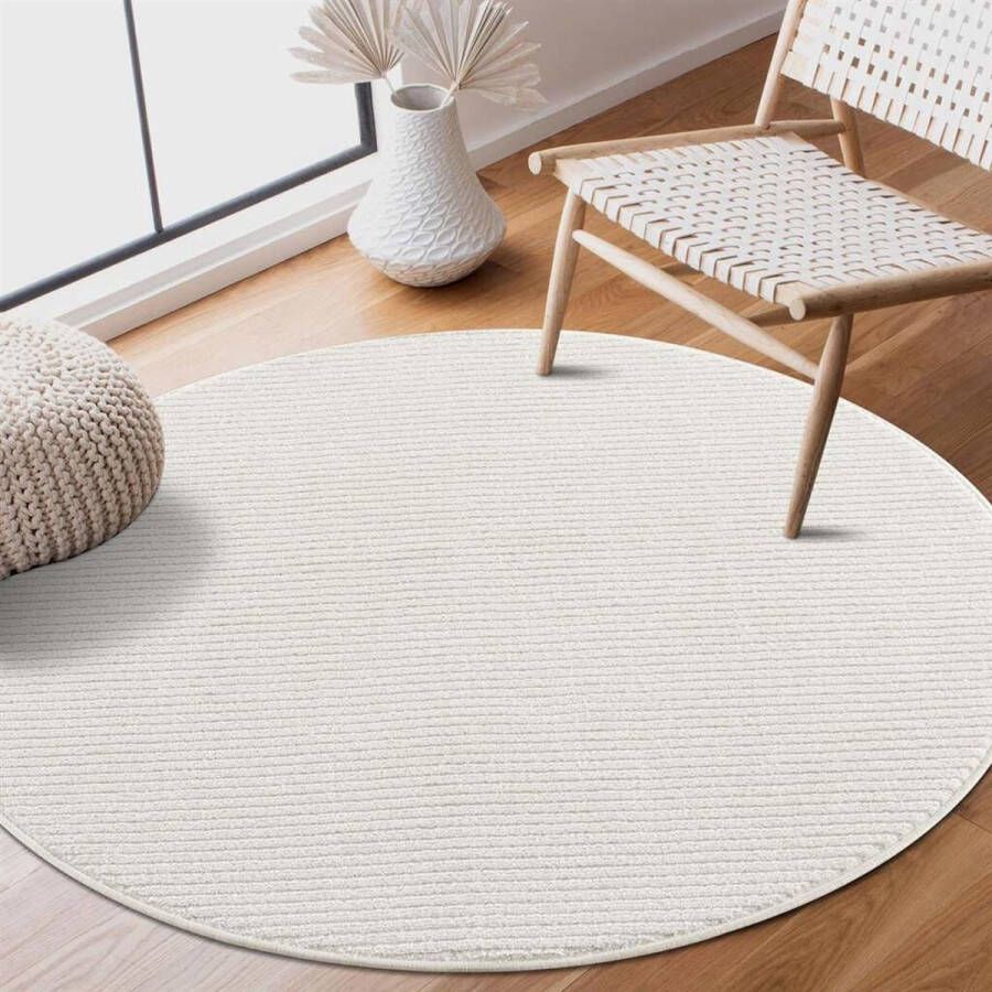 Flycarpets Junius Modern Effen Gestreept Vloerkleed Wit 160 cm Rond