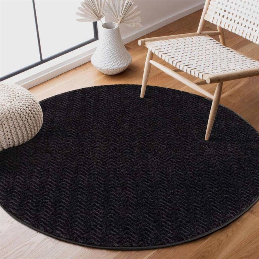 flycarpets Junius Modern Effen Motief Vloerkleed Zwart 160 cm Rond