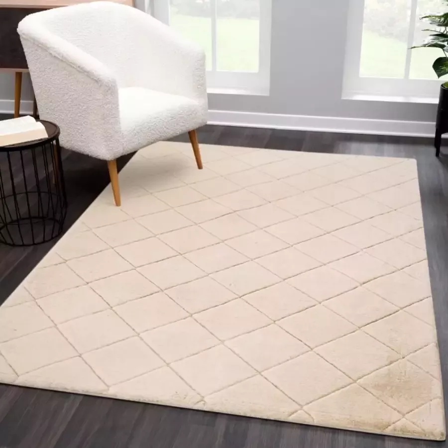 Flycarpets Juno Hoogpolig Geruit Vloerkleed Beige 200x290 cm