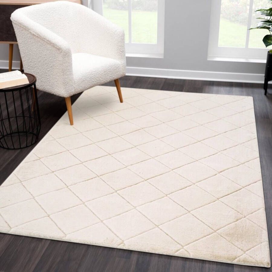 Flycarpets Juno Hoogpolig Geruit Vloerkleed Ivoorkleur 160x230 cm