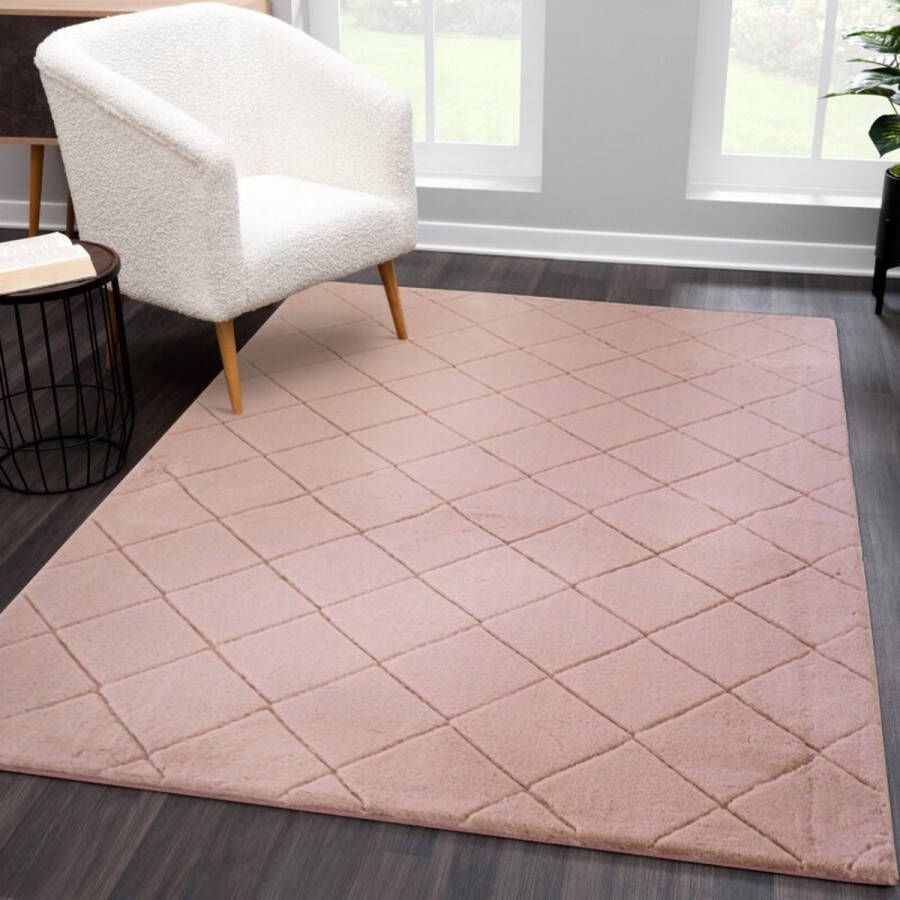 Flycarpets Juno Hoogpolig Geruit Vloerkleed Poeder Roze 200x290 cm