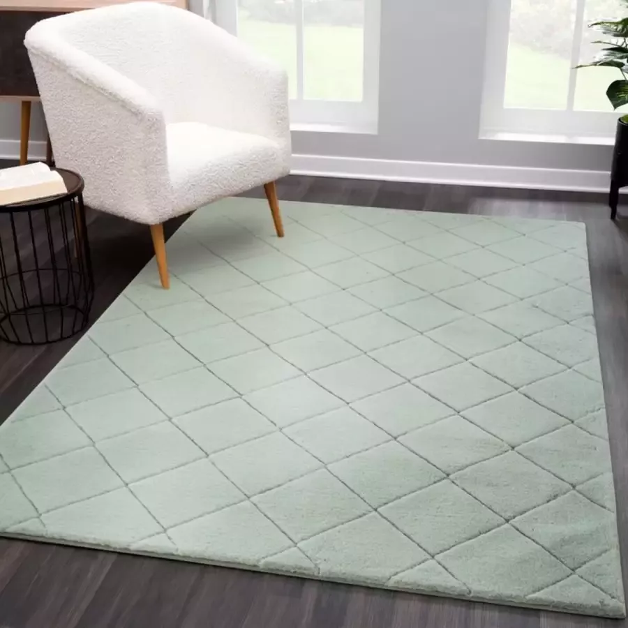 Flycarpets Juno Hoogpolig Geruit Vloerkleed Jade Groen 120x170 cm