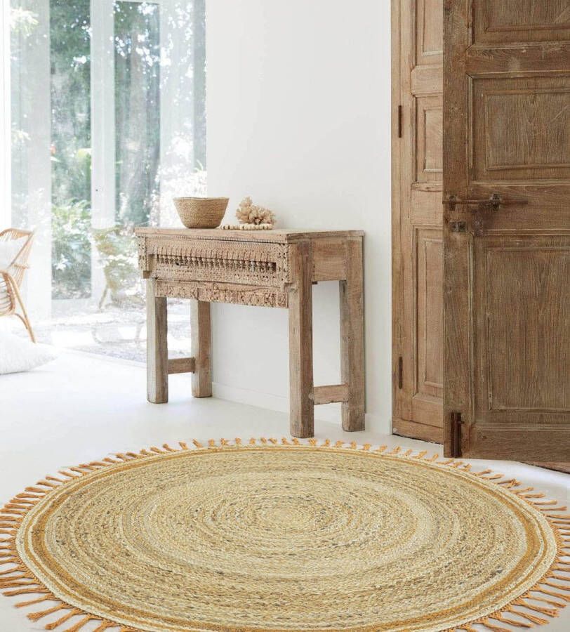 flycarpets Jute Vloerkleed Rond Naturel Geel 120x120 cm