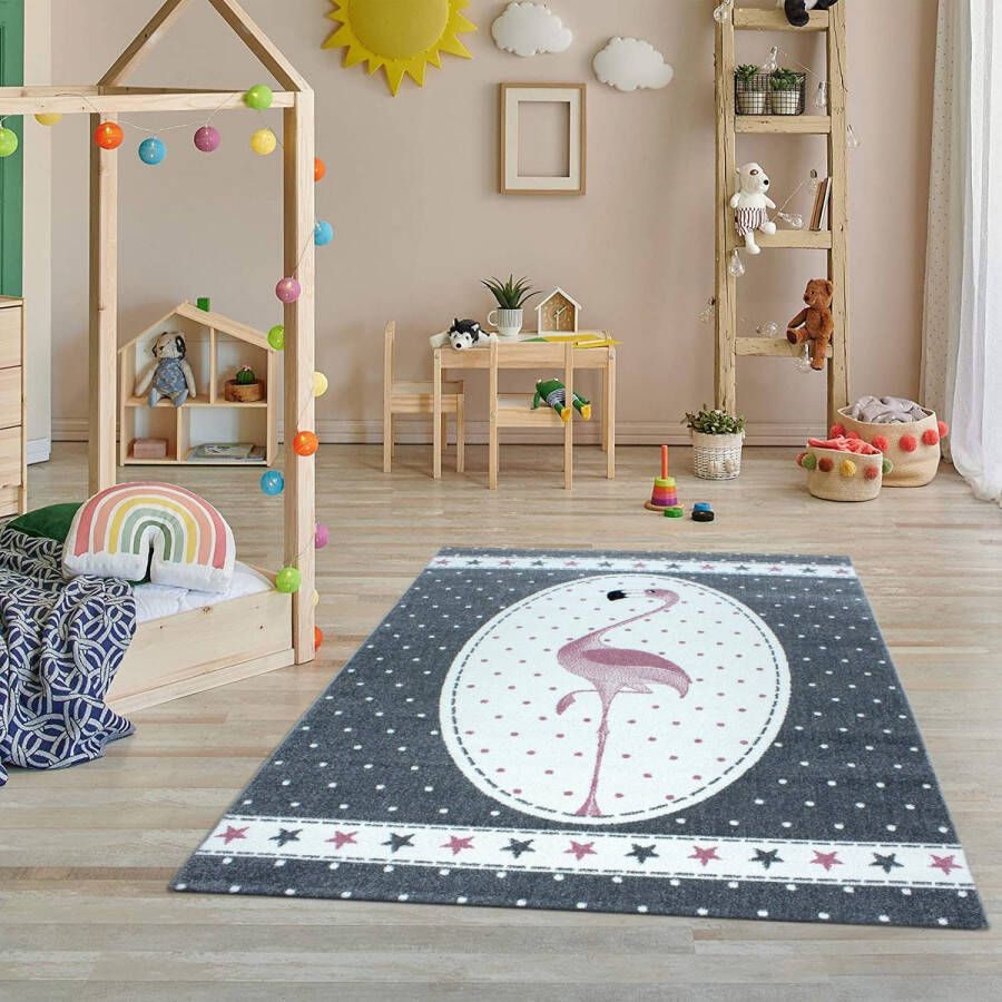 Flycarpets Kids Flamingo Vloerkleed Kinderkamer Roze Grijs Laagpolig Speelmat Speelkleed 80x150 cm