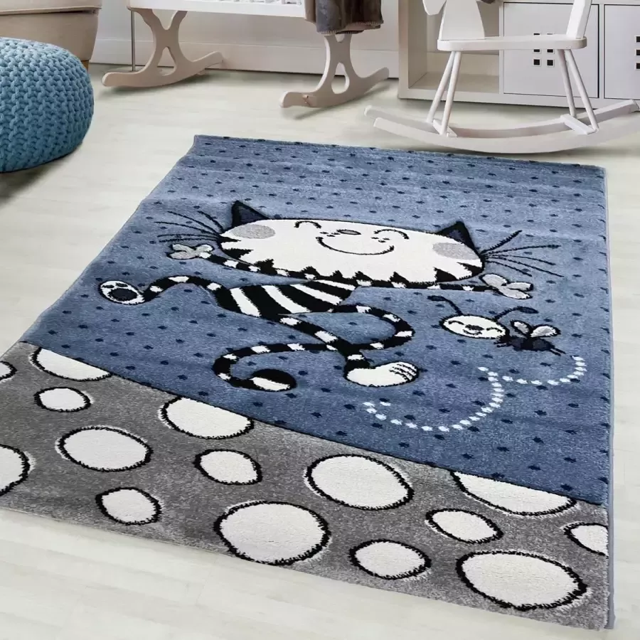 FlyCarpets Kids Kat Blauw Grijs Vloerkleed Kinderkamer